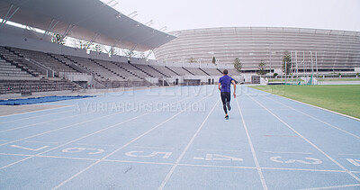 Buy stock photo Runner, athlete and back at stadium for sports competition, sprint or fitness practice. Training, speed and person outdoor as track running, marathon and space for workout and wellness in lane