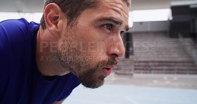 Buy stock photo Fitness, man and exhausted with breathing at stadium for fatigue, race break or competition with burnout. Athlete, profile and runner training for marathon, endurance challenge or tired for recovery