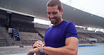 Happy man, athlete and smart watch at stadium with results, stats and heart rate for exercise routine on track. Person, runner and smile with app, iot clock and sports at fitness club in Argentina