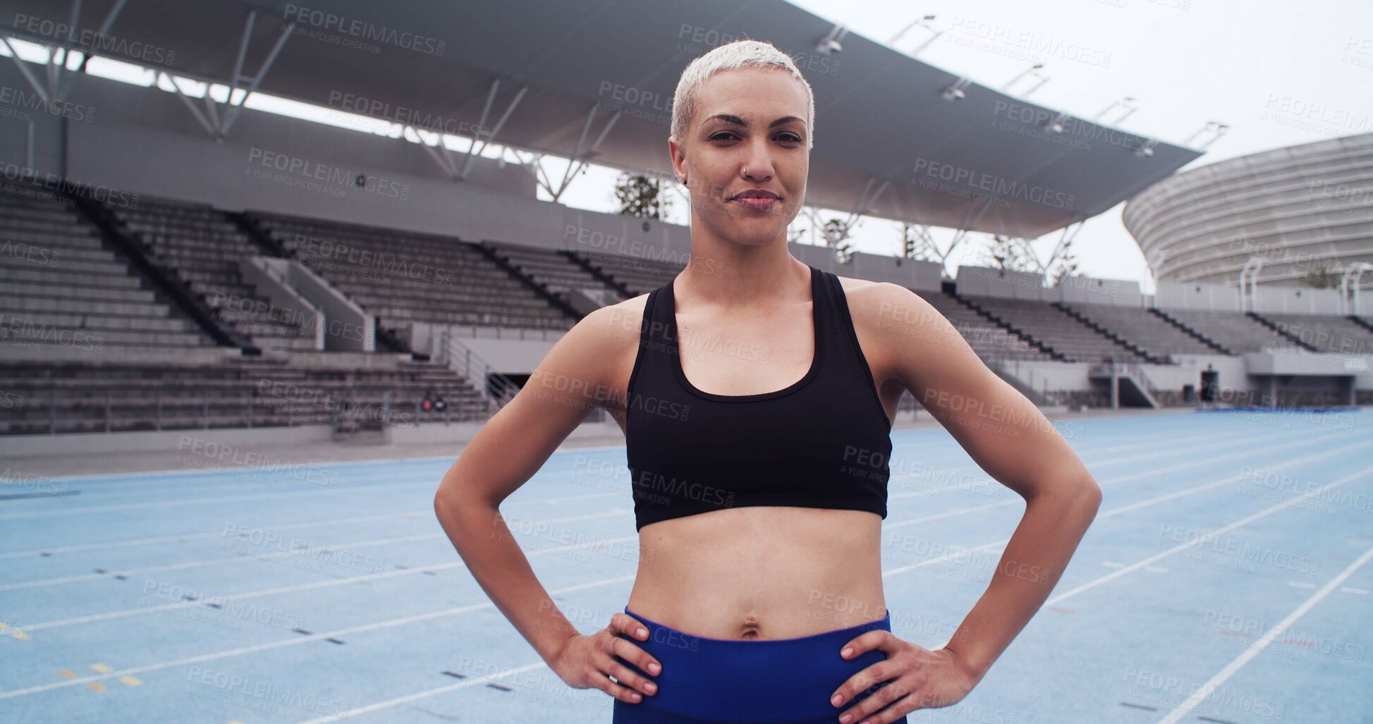 Buy stock photo Athlete, portrait and confident woman on sports track for training break, workout and wellness. Happy, female runner and smile at stadium for exercise, health and outdoor for fitness challenge