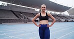 Athlete, portrait and sports woman at stadium for training break, workout and wellness. Space, female runner and confident on track for exercise, health and outdoor for fitness challenge or goals