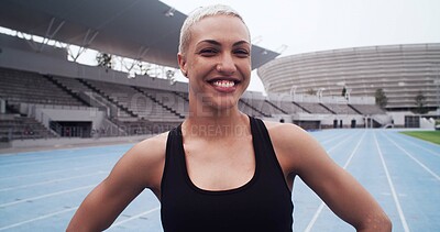 Buy stock photo Smile, portrait and woman on sports track for training break, athlete workout and wellness. Happy, female runner and confident at stadium for exercise, health and outdoor for fitness challenge