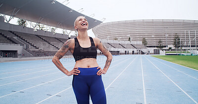 Buy stock photo Laugh, starting line and woman on race track for fitness, workout or training for marathon. Happy, athlete and person ready for running, practice or cardio exercise for competition by sports arena.
