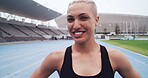 Athlete, portrait and woman smile at stadium for sport training, workout and wellness. Happy, female runner and confident on track for exercise, health and outdoor for fitness challenge or goals