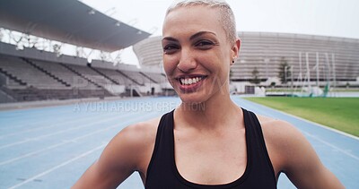Buy stock photo Athlete, portrait and woman smile at stadium for sport training, workout and wellness. Happy, female runner and confident on track for exercise, health and outdoor for fitness challenge or goals