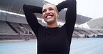 Runner, smile and fitness with woman on race track for cardio challenge, health and competition. Workout, training and sports athlete with person in stadium for exercise, marathon practice and sprint