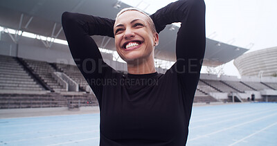 Buy stock photo Runner, smile and fitness with woman on race track for cardio challenge, health and competition. Workout, training and sports athlete with person in stadium for exercise, marathon practice and sprint