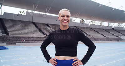 Buy stock photo Athlete, portrait and woman on sports track for training break, workout and wellness with a smile. Happy, female runner and confident at stadium for exercise, health and outdoor for fitness challenge