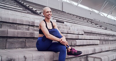 Buy stock photo Break, portrait and smile of woman on stadium bleachers for fitness, training or workout as athlete. Competition, exercise and sports with happy runner at arena or venue for event or tournament