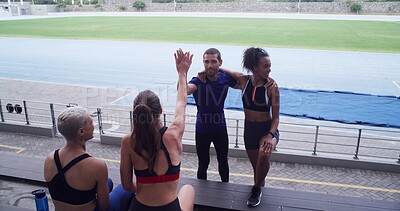 Buy stock photo Couple of friends, athlete and people high five at stadium for sports, success and fitness at training. Happy, celebration and runner group relax together for win, wellness and exercise outdoor