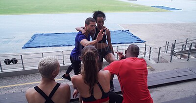 Buy stock photo Fitness, high five and hug with people in stadium together for achievement or celebration of goals. Exercise, health and success with group of athlete friends embracing in arena for training target