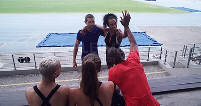 Buy stock photo Couple of friends, athlete and high five at stadium for sports win, success and fitness at training. Happy, people or runner group relax together for celebration, wellness and exercise outdoor