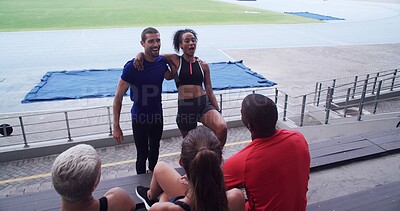 Buy stock photo Couple of friends, athlete and happy people at stadium for sports break, talking and fitness at training. Funny, communication and runner group relax together for joke, wellness and exercise outdoor