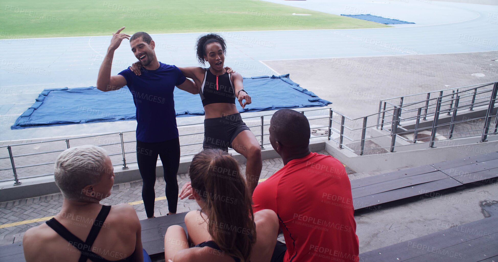 Buy stock photo Couple of friends, athlete and funny people at stadium for sports break, talking and fitness at training. Happy, laughing and runner group relax together for joke, pointing and exercise outdoor