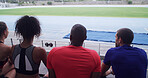 Back, fitness and sports with people in stadium together for competition, event or tournament. Exercise, health and wellness with group of friends outdoor at venue for training or workout break 