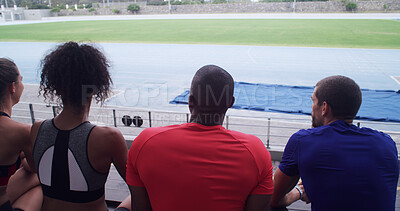 Buy stock photo Back, fitness and sports with people in stadium together for competition, event or tournament. Exercise, health and wellness with group of friends outdoor at venue for training or workout break 