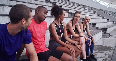 Buy stock photo Conversation, break and fitness with people on stadium bleachers for bonding or sports training. Exercise, recovery and rest with group of athlete friends speaking in venue for workout discussion