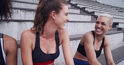 Buy stock photo Sports, happy friends and women relax at stadium, laughing or fitness with runners outdoor together. Group, break and conversation with athlete for funny joke, health or communication with rest