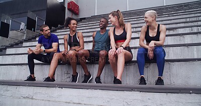 Buy stock photo Sports, friends and talk at stadium with relax, laughing or fitness with runners outdoor together. Group, break and conversation with happy athlete for funny joke, health or communication with people