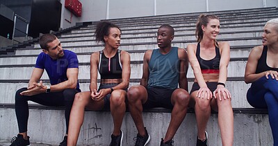 Buy stock photo Athlete, people and rest on stairs at stadium for planning, fitness break and competition advice. Group, friends and relax for exercise discussion, training tips and race feedback of sports challenge
