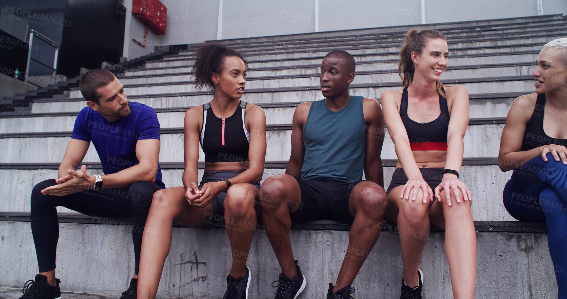 Buy stock photo Athlete, people and rest on stairs at stadium for planning, fitness break and competition advice. Group, friends and relax for exercise discussion, training tips and race feedback of sports challenge