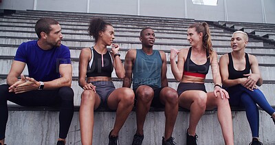 Buy stock photo Athlete, people and relax on stairs at stadium for planning, fitness break and competition advice. Group, friends or rest for exercise discussion training tips and race feedback of sports tournament
