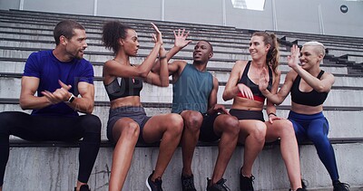 Buy stock photo Fitness, high five and success with people in stadium together for achievement or celebration of goals. Exercise, health and support with group of happy athlete friends at venue for training target