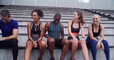 Buy stock photo Group, people and relax on stairs at stadium for planning, fitness break and competition advice. Athlete, friends and rest for exercise discussion, training tips and race feedback of sports challenge