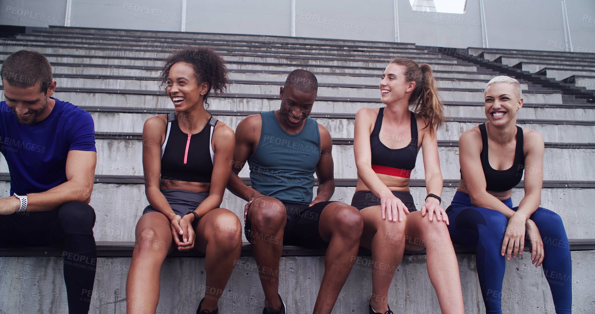 Buy stock photo Group, people and relax on stairs at stadium for planning, fitness break and competition advice. Athlete, friends and rest for exercise discussion, training tips and race feedback of sports challenge
