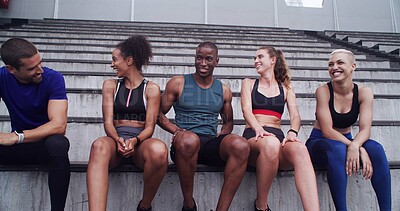 Buy stock photo Group, people and rest on stairs at stadium for planning, fitness break and competition advice. Athlete, friends and relax for exercise discussion, training tips and race feedback of sports challenge