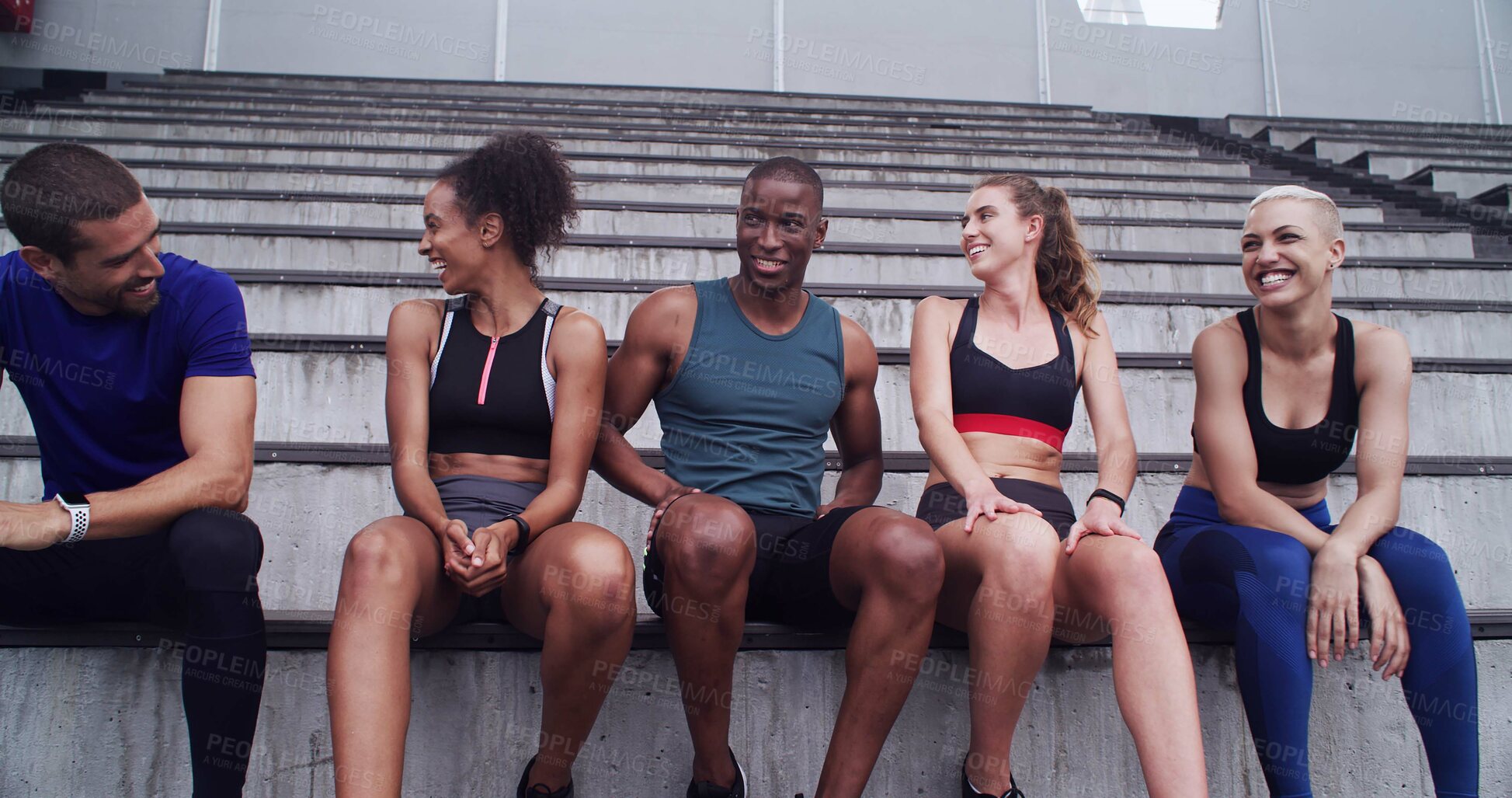 Buy stock photo Group, people and rest on stairs at stadium for planning, fitness break and competition advice. Athlete, friends and relax for exercise discussion, training tips and race feedback of sports challenge