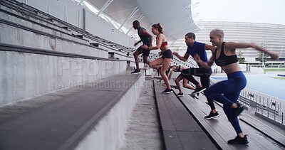 Buy stock photo Athlete, group and running on stairs with exercise for competition training, endurance or energy. Teamwork, people and workout on steps at stadium for sports performance, health routine and stamina