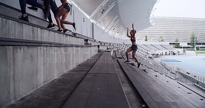 Buy stock photo Running, drills and team with people on stadium steps for workout, fitness and support. Training exercise, cardio challenge and sports athlete with group of friends on stairs for marathon practice