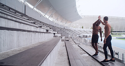 Buy stock photo Sports, men and friends high five at stadium for fitness goal, target and thank you for success. Race track, hands together and celebration for teamwork, support and achievement with happy runners