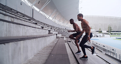 Buy stock photo Athlete, men or running on stairs at stadium for competition practice, endurance or active workout. Speed, people and training on steps at arena for performance stamina, fitness routine and challenge
