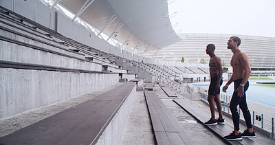 Buy stock photo Running, drills and fitness with people on stadium steps for workout, team and support. Training exercise, cardio challenge and sports athlete with men on stairs for marathon practice and partner