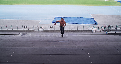 Buy stock photo Athlete, man and running on stairs at stadium for competition fitness, training and practice. Above, runner and sprint on steps at arena for sports performance, intense workout and race warm up