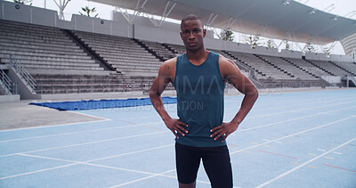 Buy stock photo Fitness, portrait and sports with black man on race track for runner, marathon practice and workout. Cardio challenge, exercise and running competition with person in stadium for training and event