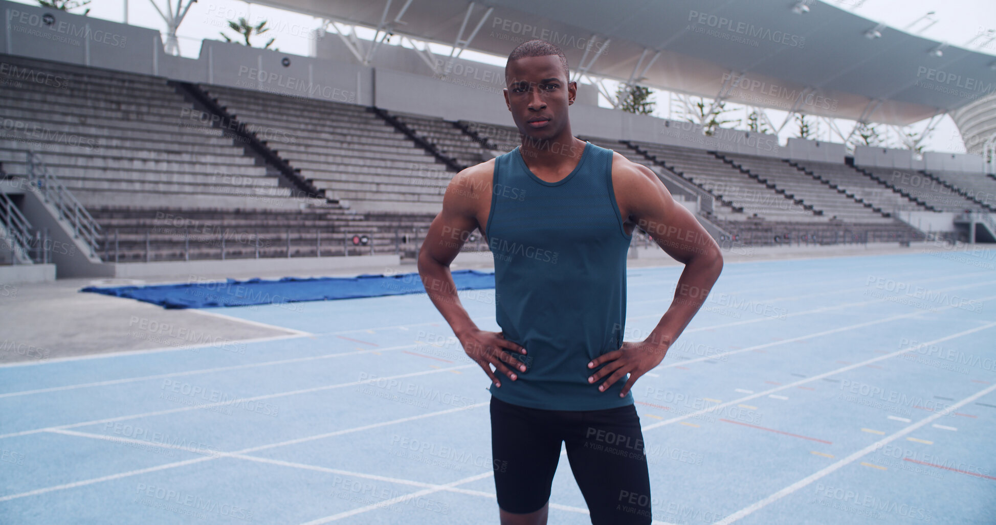 Buy stock photo Fitness, portrait and sports with black man on race track for runner, marathon practice and workout. Cardio challenge, exercise and running competition with person in stadium for training and event