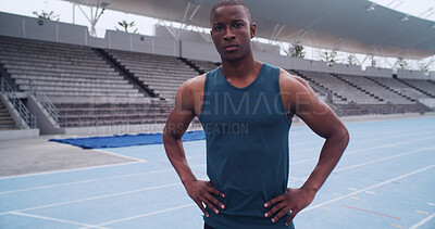 Buy stock photo Black man, athlete and portrait on track for fitness routine, challenge and ready at stadium. Person, runner and outdoor  with confidence at arena for training, exercise and sports club in Jamaica
