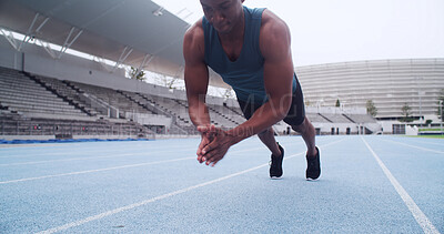 Buy stock photo Hands, athlete and push up for fitness, stadium and clap for coordination, agility or routine on track. Person, exercise and plyometrics for muscle, explosive workout and challenge at sports club