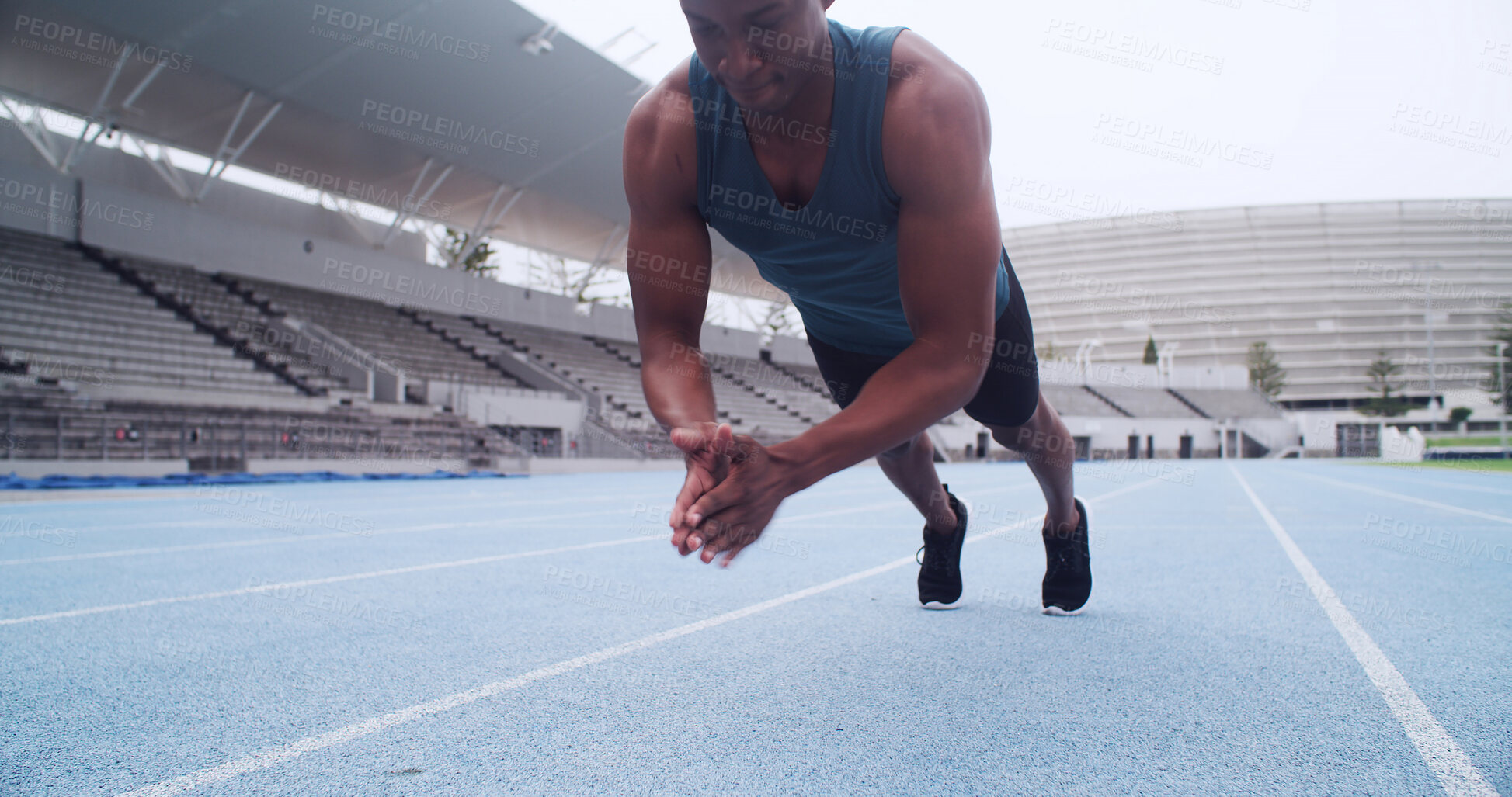 Buy stock photo Hands, athlete and push up for fitness, stadium and clap for coordination, agility or routine on track. Person, exercise and plyometrics for muscle, explosive workout and challenge at sports club