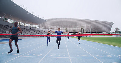 Buy stock photo Running, finish line and fitness with people on race track for workout, challenge and marathon winner. Competition, training and contest success with runner in stadium for sports athlete achievement