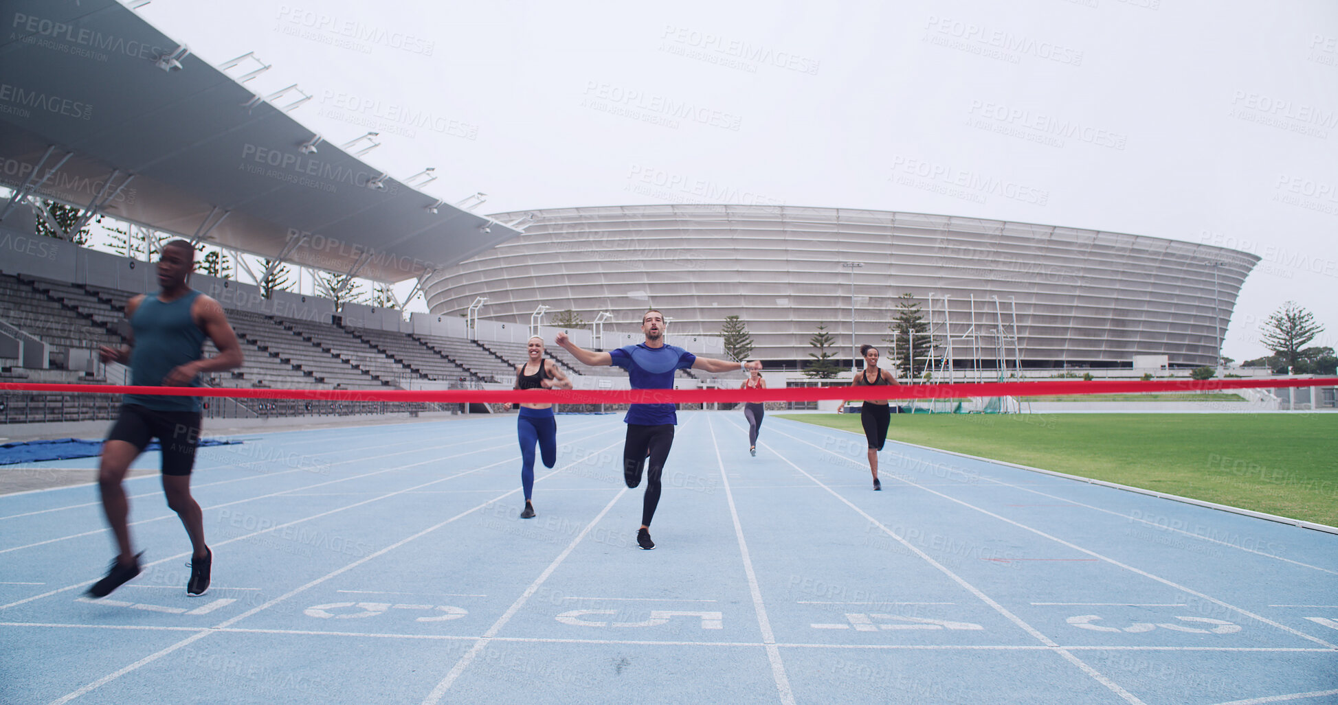 Buy stock photo Running, finish line and fitness with people on race track for workout, challenge and marathon winner. Competition, training and contest success with runner in stadium for sports athlete achievement
