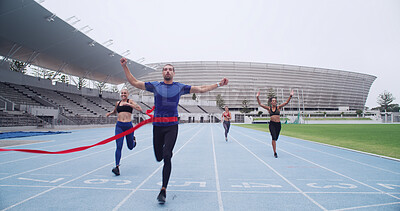 Buy stock photo Running, finish line and winner with people on race track for workout, challenge and marathon victory. Competition, training and contest success with runner in stadium for sports athlete achievement