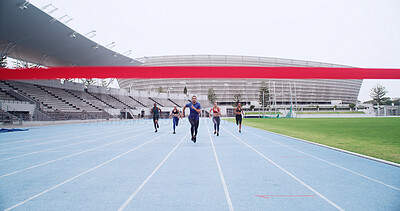 Buy stock photo Event, finish line and people on track for running, sports challenge or cardio fitness. Outdoor, athlete sprinter or healthy runners in stadium for training, exercise or contest in competition arena
