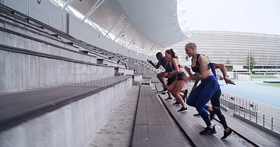 Buy stock photo Woman, athlete and holding hands in huddle, team and excited with celebration for achievement on track. People, girl and happy with motivation, goals or support in circle for sports training at arena
