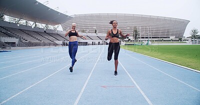 Buy stock photo Stadium, speed and women on track for running, sports challenge and cardio fitness. Fast, athlete sprinter or happy runners in event for training, exercise or outdoor contest in competition arena