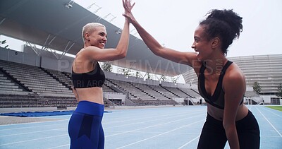 Buy stock photo Exercise, women and smile with high five in stadium for workout, marathon race or running. Friends, celebration and outdoor challenge for fitness goals, teamwork or support for cardio achievement