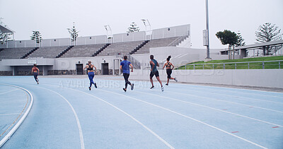 Buy stock photo Running, competition and workout with people on race track for fitness, challenge and marathon. Exercise, health and sports athlete with back of runner in stadium for training, sprint and cardio